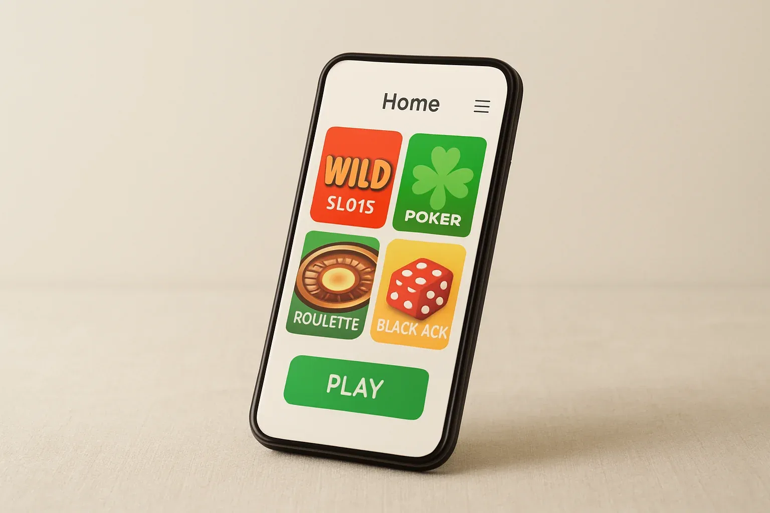 Casino App Smartphone Smartphone on cream background showing light casino app game thumbnails