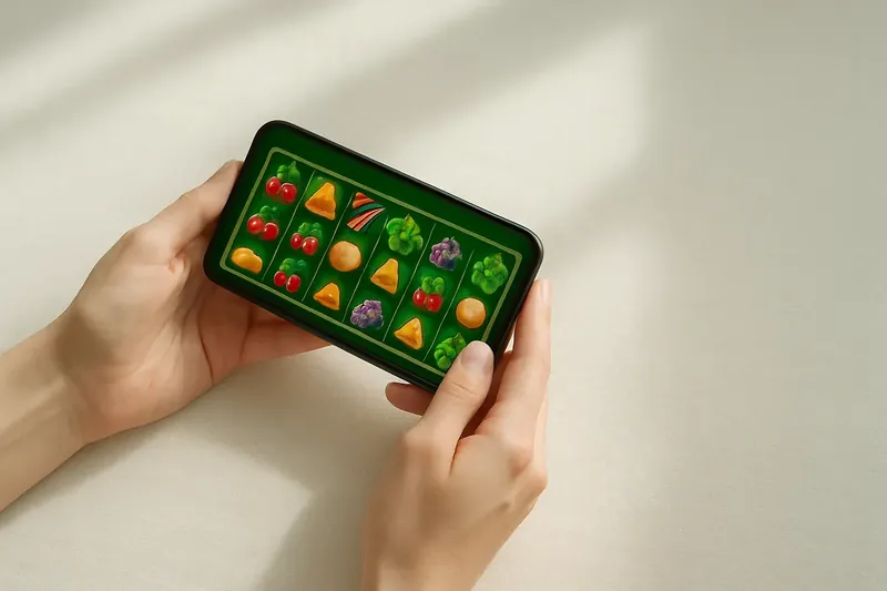 Woman's hands holding smartphone with bright casino game over cream linen