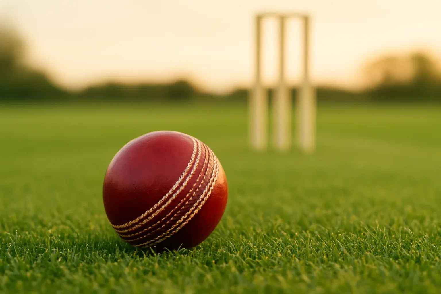 Red cricket ball on mown pitch grass with stumps at dusk