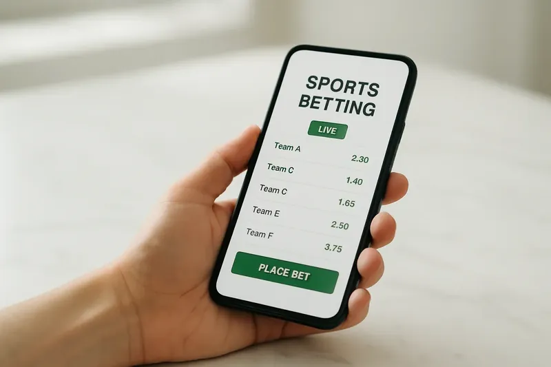Hand holding smartphone with sports betting app on white marble