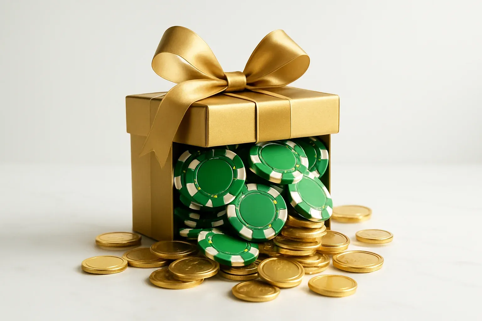 Golden Bonus Gift Box Golden gift box overflowing with poker chips and gold coins