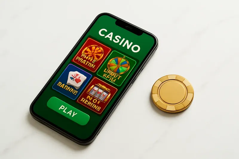Smartphone on white marble showing colorful casino game lobby