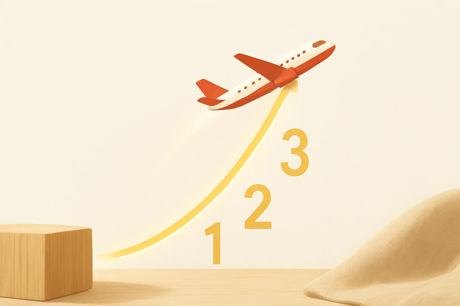 Ascending plane with glowing multiplier curve on white background