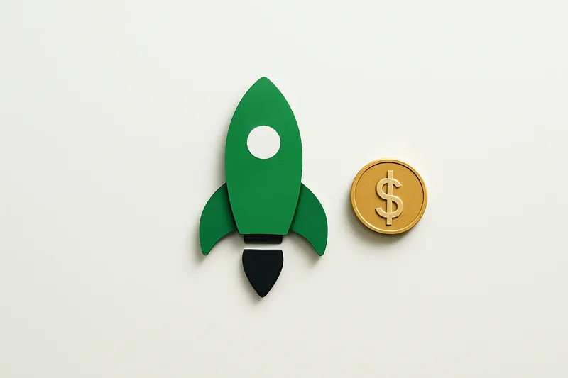 Minimalist rocket icon with gold coin on white background