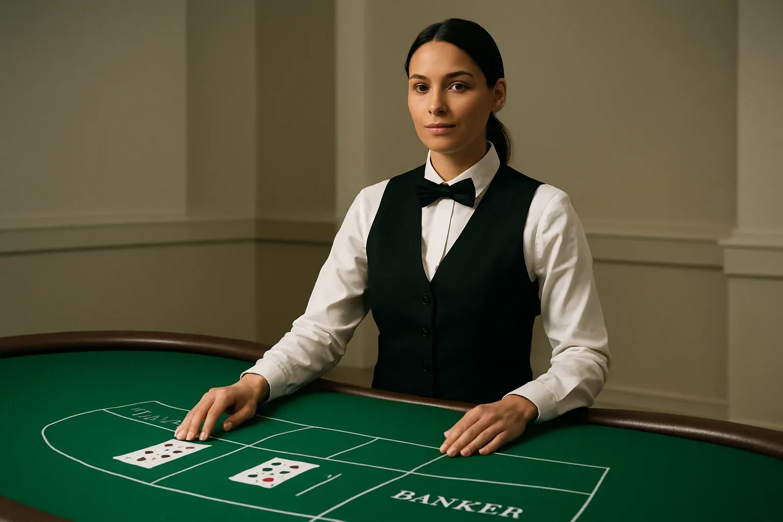 Professional female dealer at elegant live baccarat table in casino