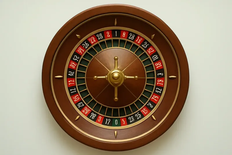 Close-up overhead of roulette wheel center with gold accents