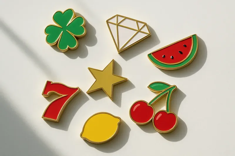 Assorted casino slot icons with fruit, diamonds, lucky sevens, and stars