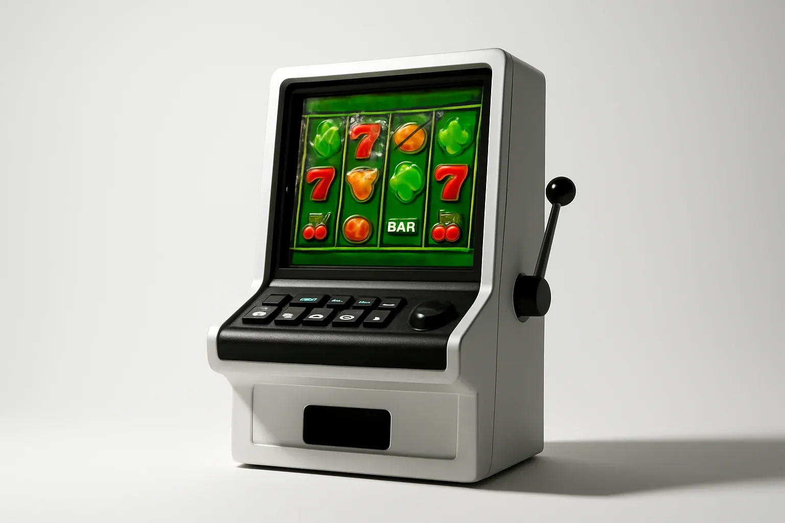 Slot Machine Terminal White studio shot of angled slot machine with vibrant game screen